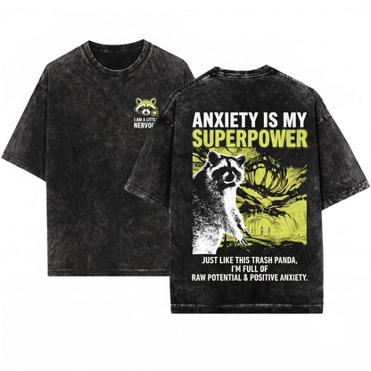Nervous Raccoon Japanese Graphic Anxious Animal Aesthetic Apparel Unisex Wash T-Shirt