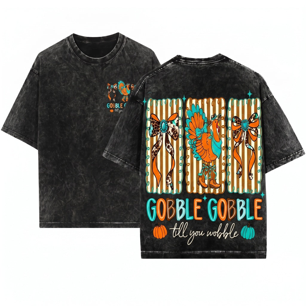 Turkey Gobble Till You Wobble Howdy Thanksgiving Cow Print Coquette Western Unisex Wash T-Shirt