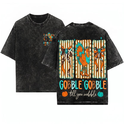 Turkey Gobble Till You Wobble Howdy Thanksgiving Cow Print Coquette Western Unisex Wash T-Shirt