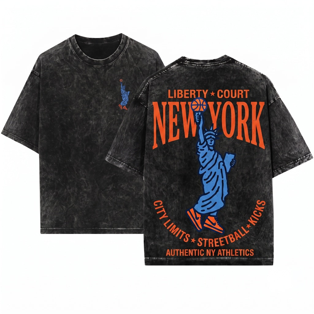 New York Statue of Liberty 90s NYC Bball Graphic Unisex Wash T-Shirt