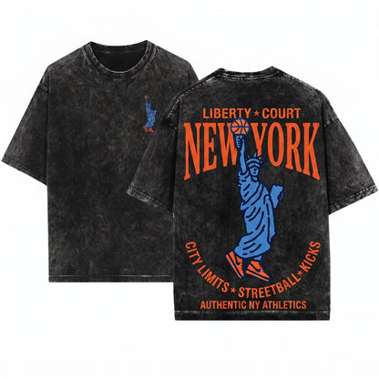 New York Statue of Liberty 90s NYC Bball Graphic Unisex Wash T-Shirt