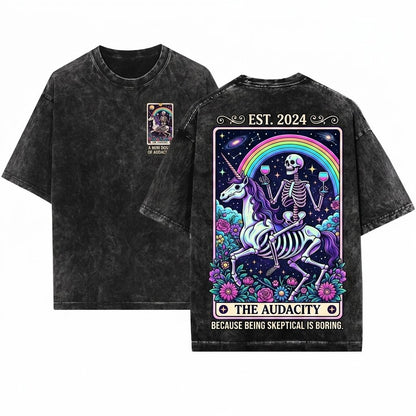 The Audacity Mystical Tarot Skeleton Boho Grunge Witchy Graphic Unisex Wash T-Shirt