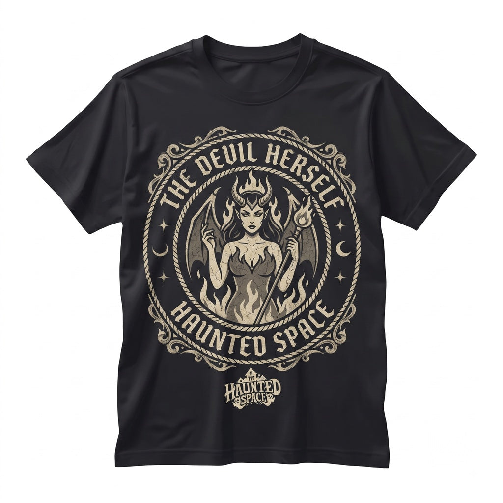 The Devil Herself Funny Spooky Creepy Cute Sarcastic Goth Alt Black White Unisex TShirt