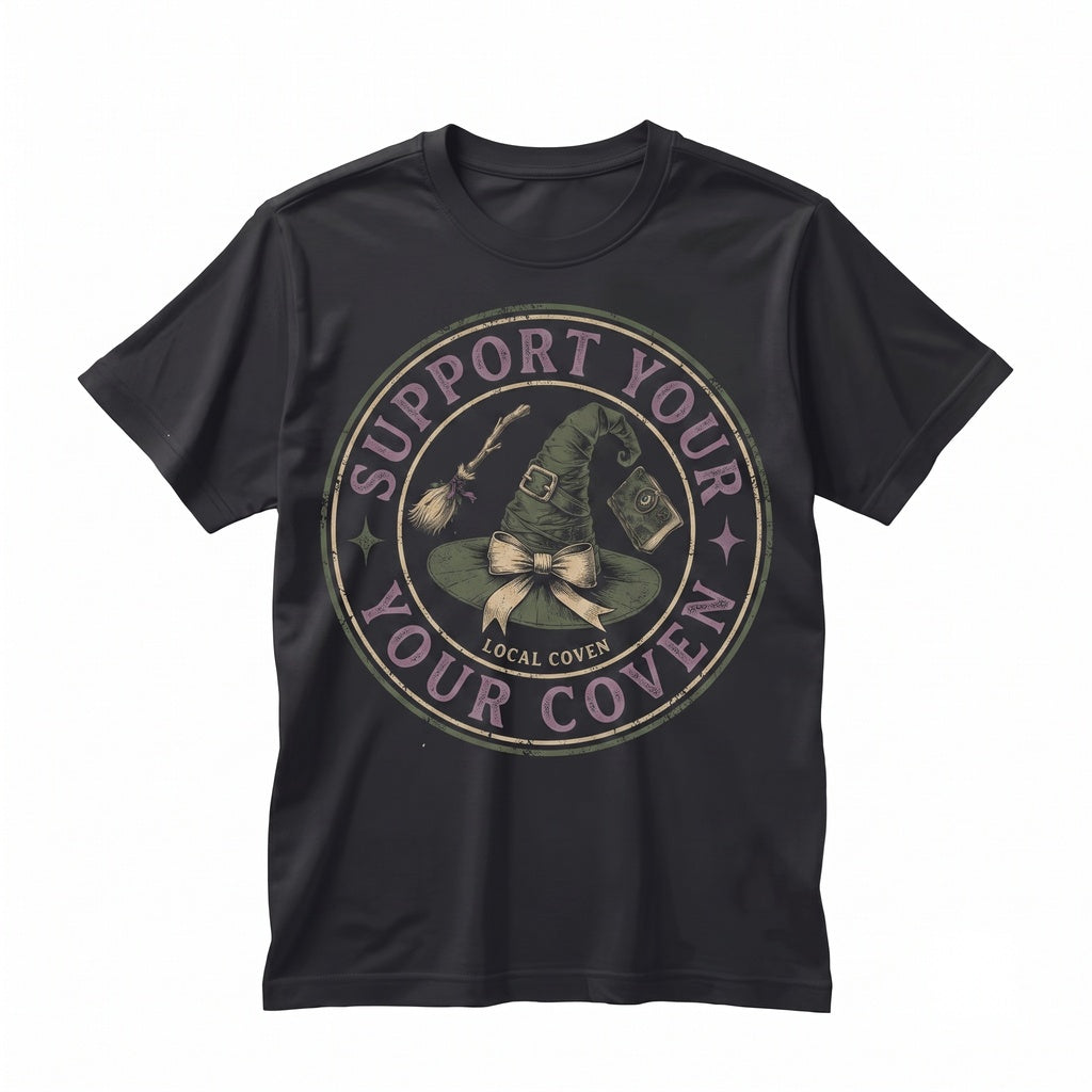 Support Local Coven Witchy Vibes Hat Broom Spellbook Graphic Halloween Apparel Unisex TShirt