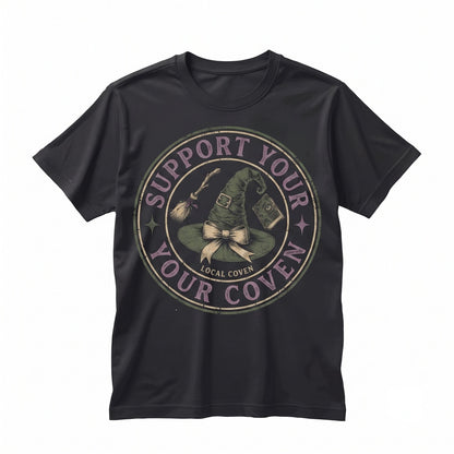 Support Local Coven Witchy Vibes Hat Broom Spellbook Graphic Halloween Apparel Unisex TShirt