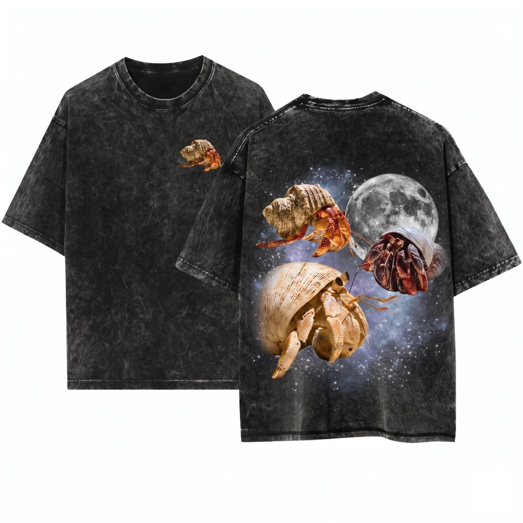 Three Hermit Crab Moon Vintage Crustacean Galaxy Graphic Cosmic Beach Lover Space Animal Streetwear Gift Unisex Wash T-Shirt