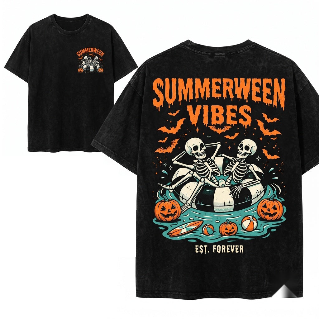 Summerween Vibes Skeleton Float Pool Halloween Party Top Unisex Wash T-Shirt