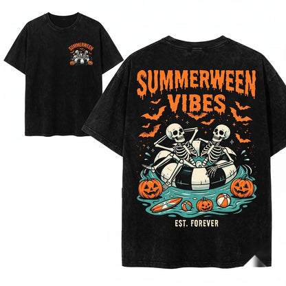 Summerween Vibes Skeleton Float Pool Halloween Party Top Unisex Wash T-Shirt