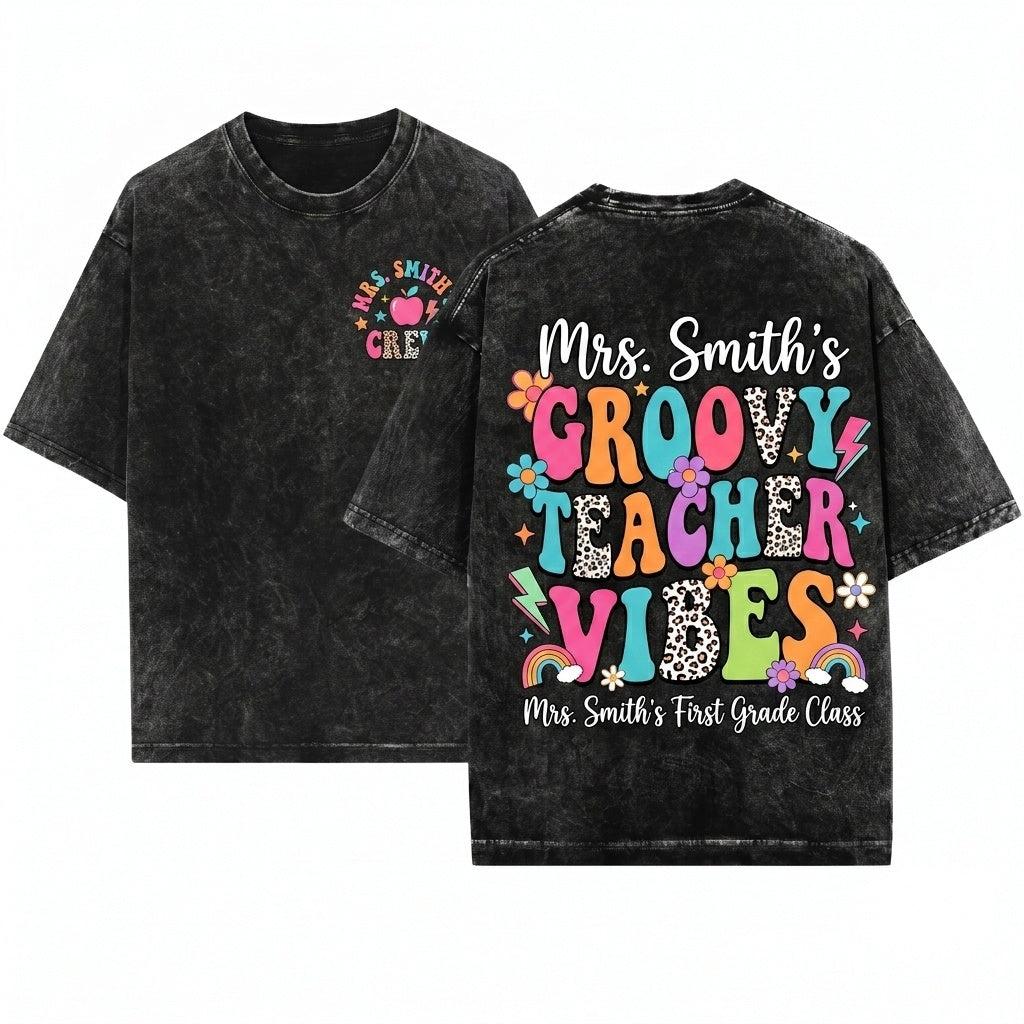 Custom Teacher Name Colorful Groovy Doodle First Grade Personalized Back To School Gift Unisex Wash T-Shirt