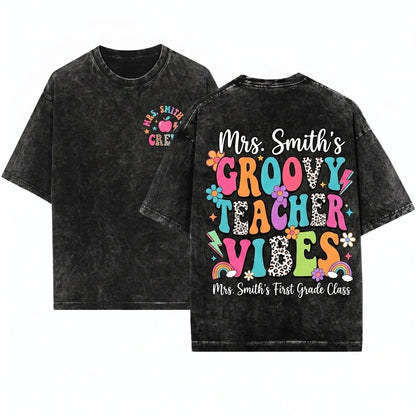 Custom Teacher Name Colorful Groovy Doodle First Grade Personalized Back To School Gift Unisex Wash T-Shirt