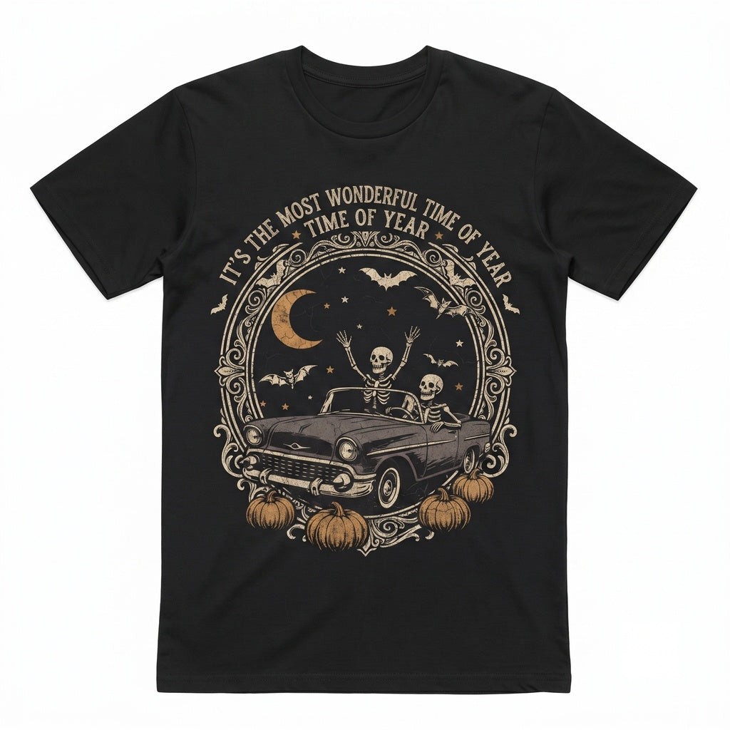 Vintage Halloween Skeleton Car Funny Spooky Season Retro Gothic Graphic Unisex TShirt