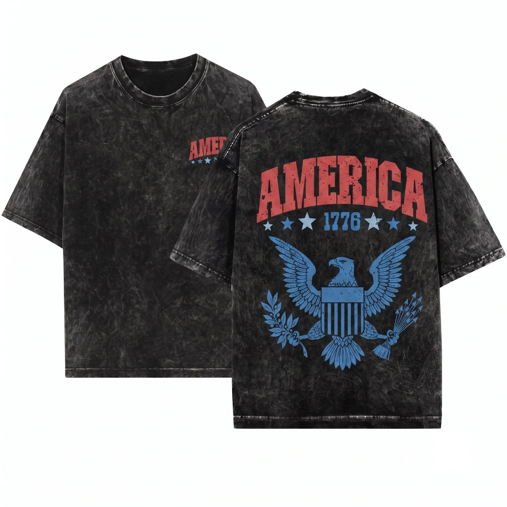 America 1776 Varsity Patriotic July Fourth Unisex Wash T-Shirt