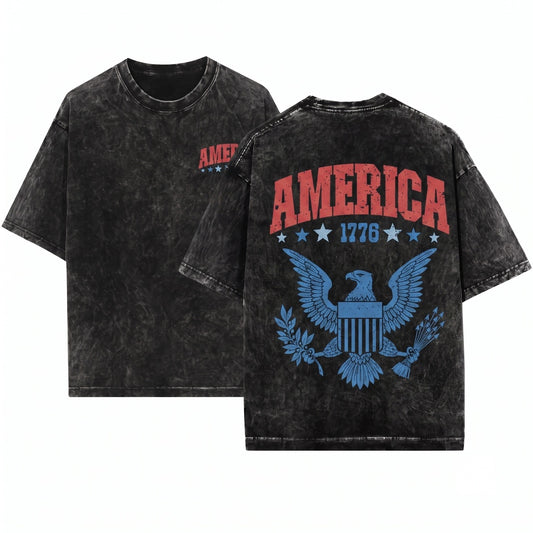 America 1776 Varsity Patriotic July Fourth Unisex Wash T-Shirt