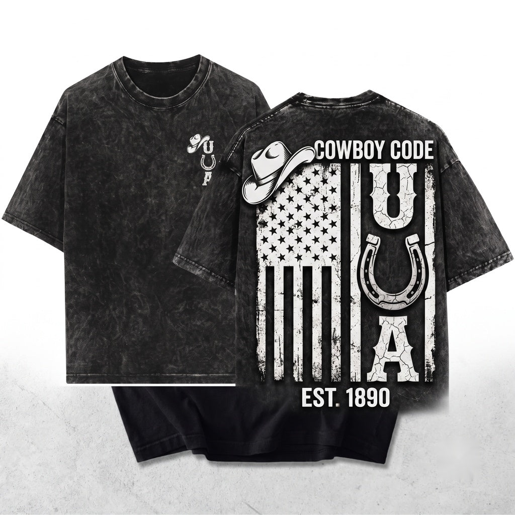Western American Flag Cowboy Patriotic USA Tee Unisex Wash T-Shirt
