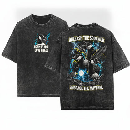 Lightning Geese Full Moon Vintage Silly Club 90s Gothic Animal Graphic Funny Farm Gift Unisex Wash T-Shirt