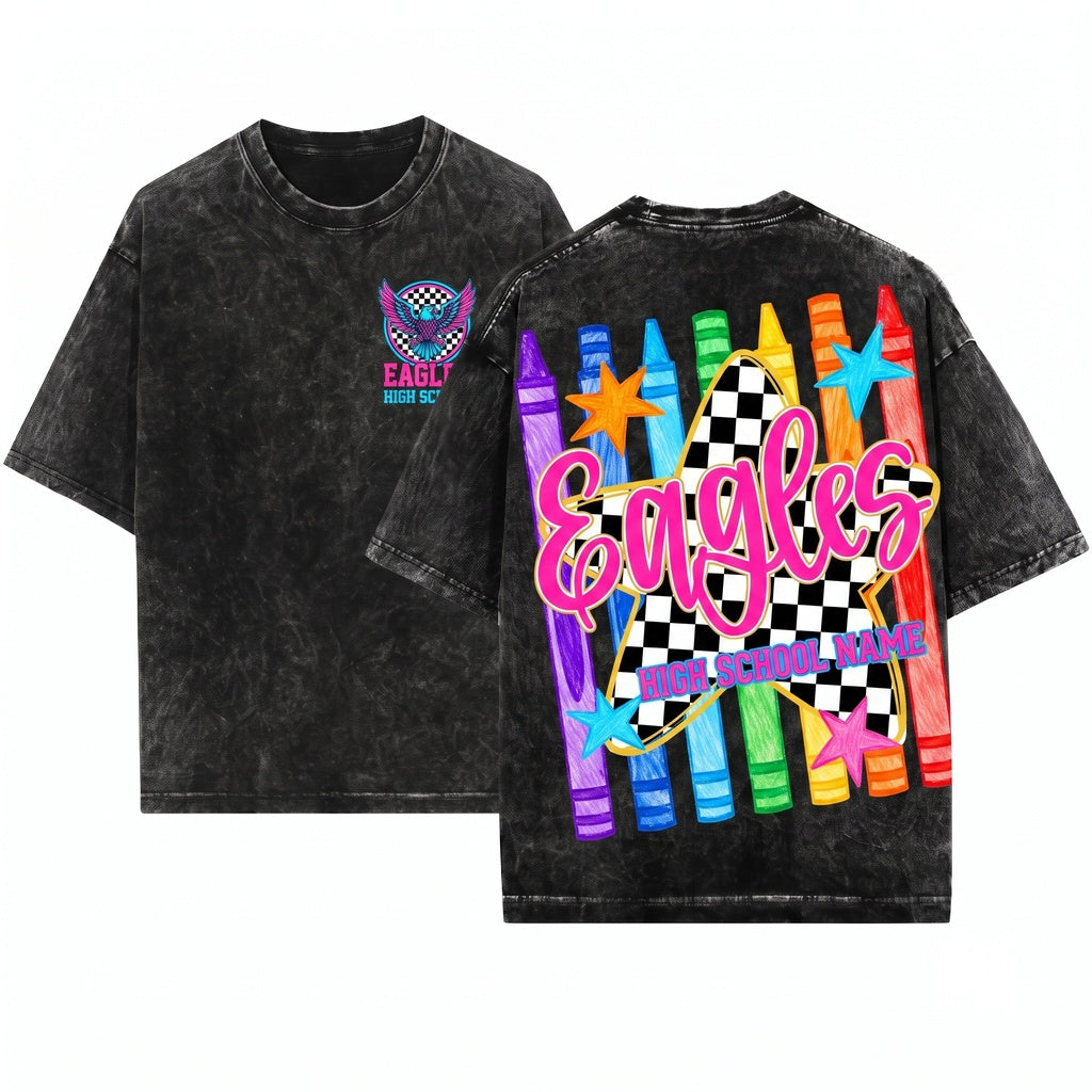 Custom Mascot School Name Back to Teacher Student Spirit Colorful Crayon Unisex Wash T-Shirt