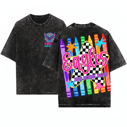 Custom Mascot School Name Back to Teacher Student Spirit Colorful Crayon Unisex Wash T-Shirt