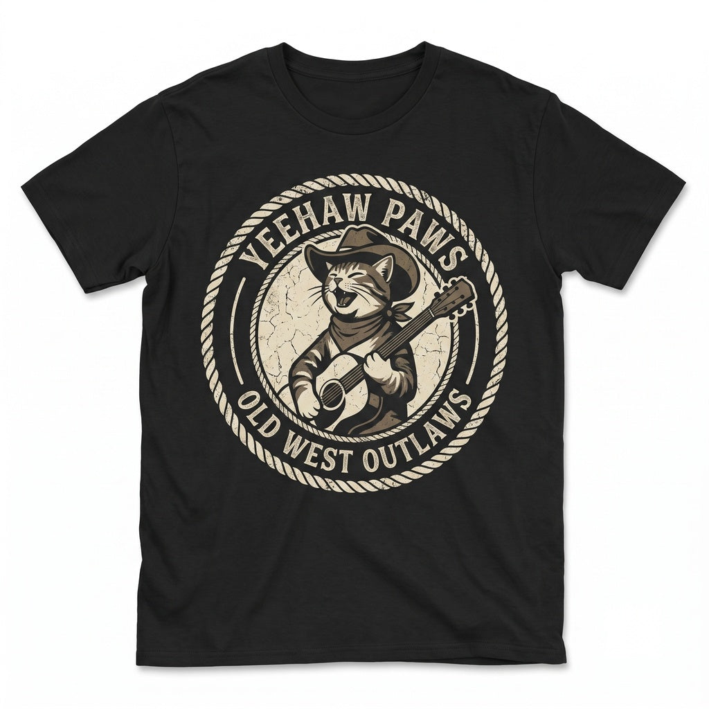 Funny Country Western Cowboy Cat Graphic Apparel - Vintage Kitten Rodeo Novelty Unisex TShirt