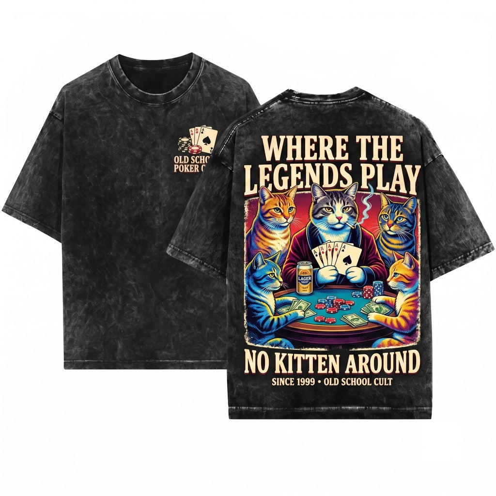 Poker Cats Vintage Graphic Retro Funny Gambling Kitten Card Game Gift Unisex Wash T-Shirt
