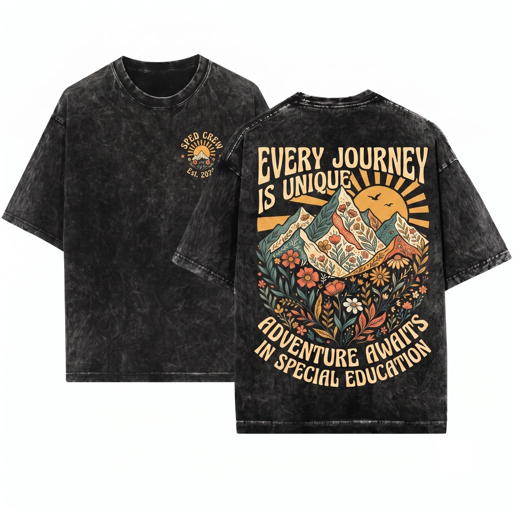 Adventure Awaits SPED Teacher Special Education Camping Unisex Wash T-Shirt