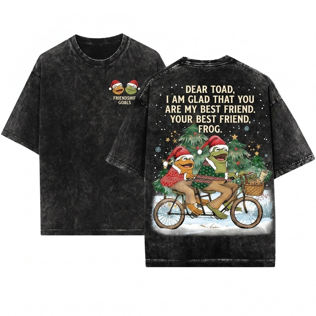 Cute Frog Toad Best Friends Front Back Graphic Christmas Holiday Gift Unisex Wash T-Shirt