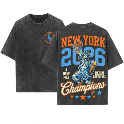 New York 2026 Champions Statue of Liberty NY Bball Graphic Unisex Wash T-Shirt