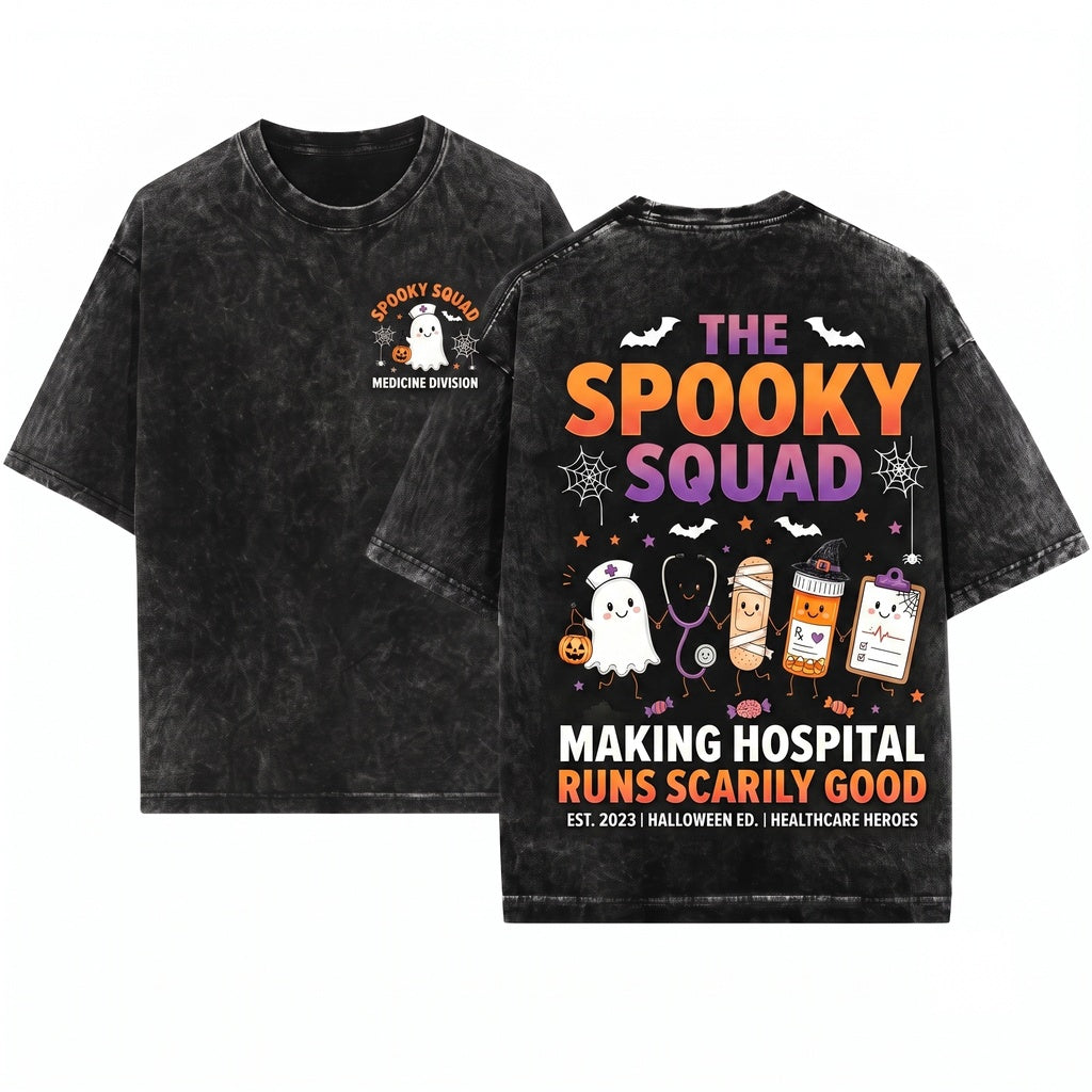 Halloween Ghost Mummy Medical Nurse Life Doodles Stethoscope Pill Bottle Graphic Unisex Wash T-Shirt
