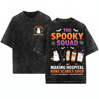Halloween Ghost Mummy Medical Nurse Life Doodles Stethoscope Pill Bottle Graphic Unisex Wash T-Shirt