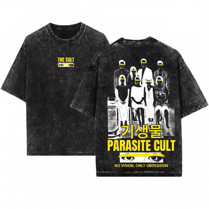 Korean Cinema Parasite Family Portrait Graphic Grunge Vintage Poster Unisex Wash T-Shirt