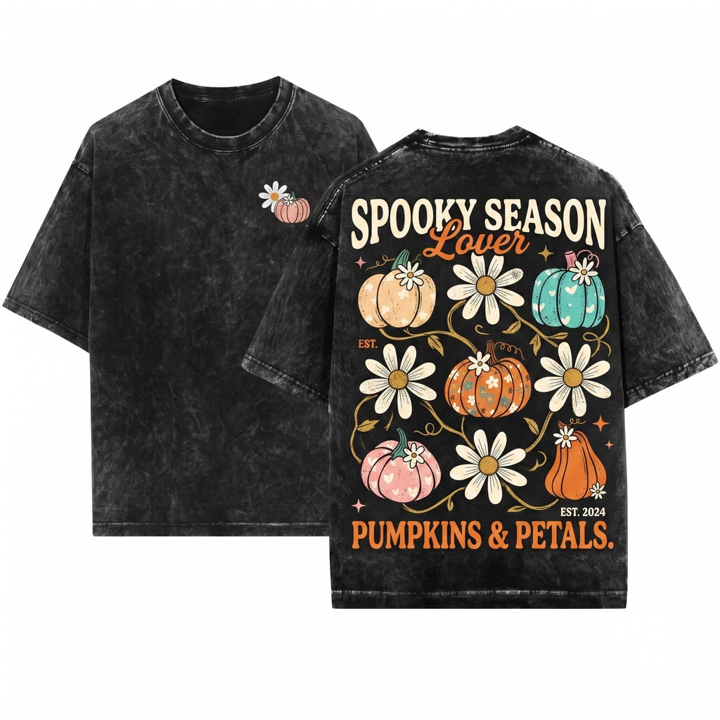 Kids Youth Girls Retro Cute Floral Pumpkin Halloween Fall Graphic Unisex Wash T-Shirt