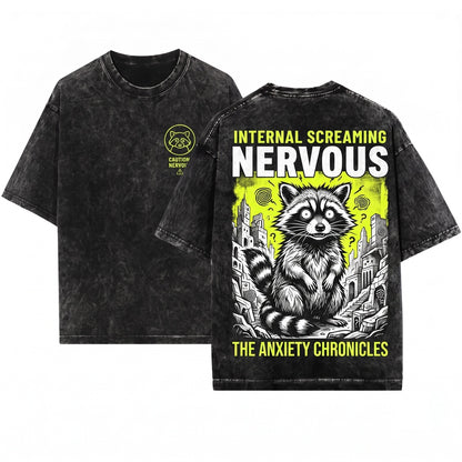 Nervous Raccoon Japanese Graphic Anxious Animal Aesthetic Apparel Unisex Wash T-Shirt