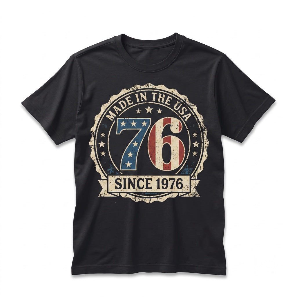 Made in USA 76 Vintage 1976 Birthday Patriotic American Flag 50th Gift Unisex TShirt