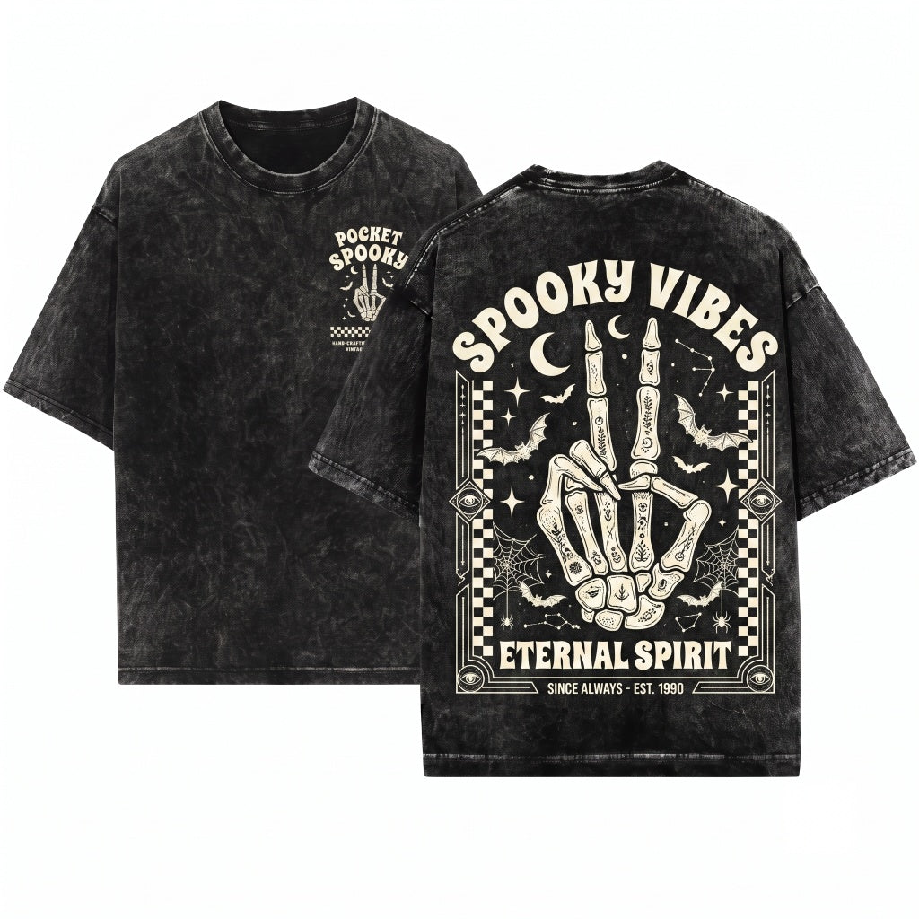Spooky Vibes Retro Skeleton Hand Halloween Pocket Unisex Wash T-Shirt