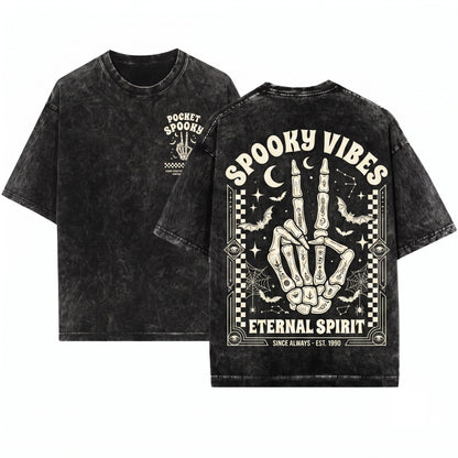 Spooky Vibes Retro Skeleton Hand Halloween Pocket Unisex Wash T-Shirt
