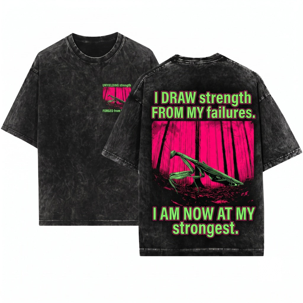 Vintage Japanese Praying Mantis I Draw Strength From My Failures Graphic Aesthetic Retro Unisex Wash T-Shirt
