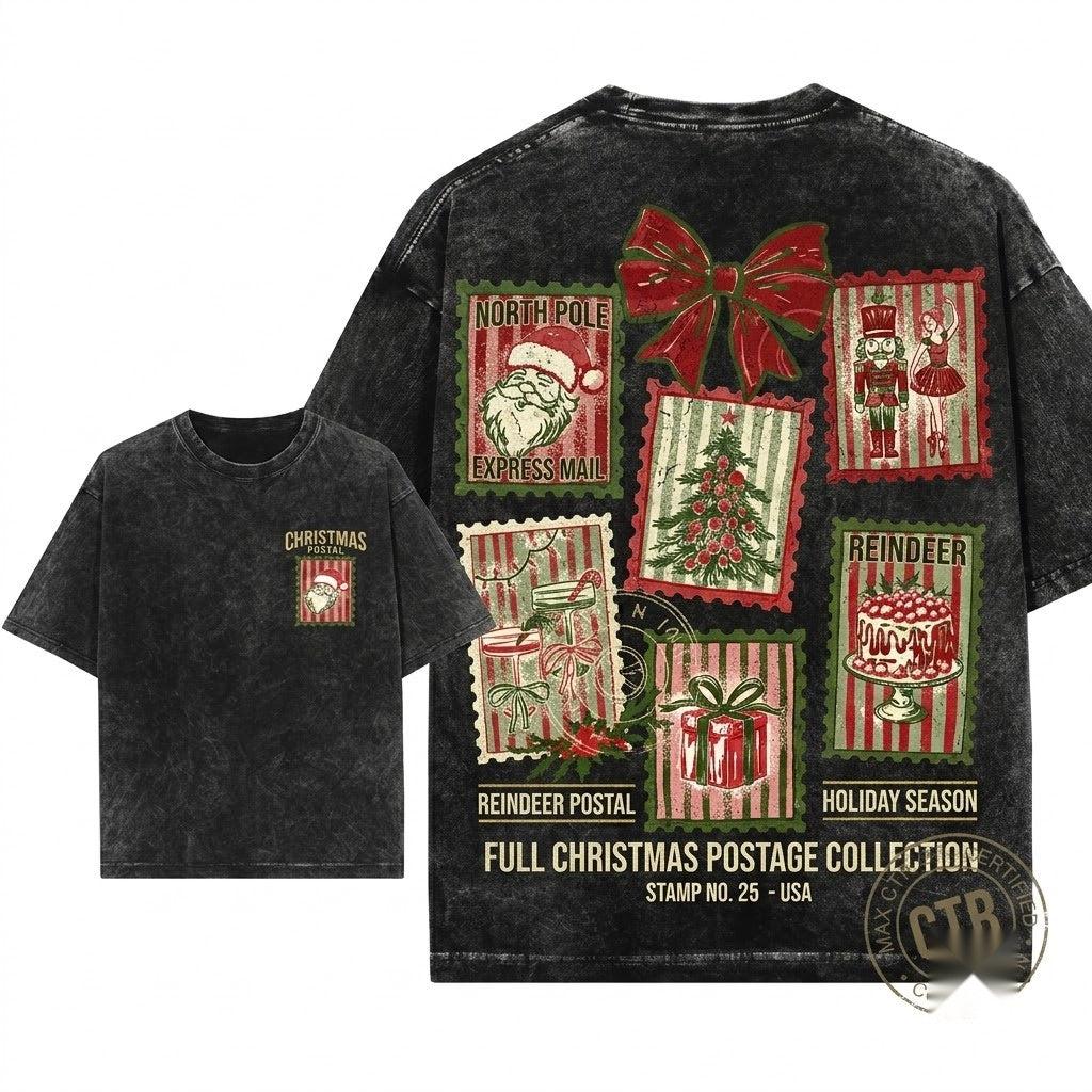 Retro Coquette Santa Stamps Bow Cute Holiday Christmas Womens Apparel Unisex Wash T-Shirt