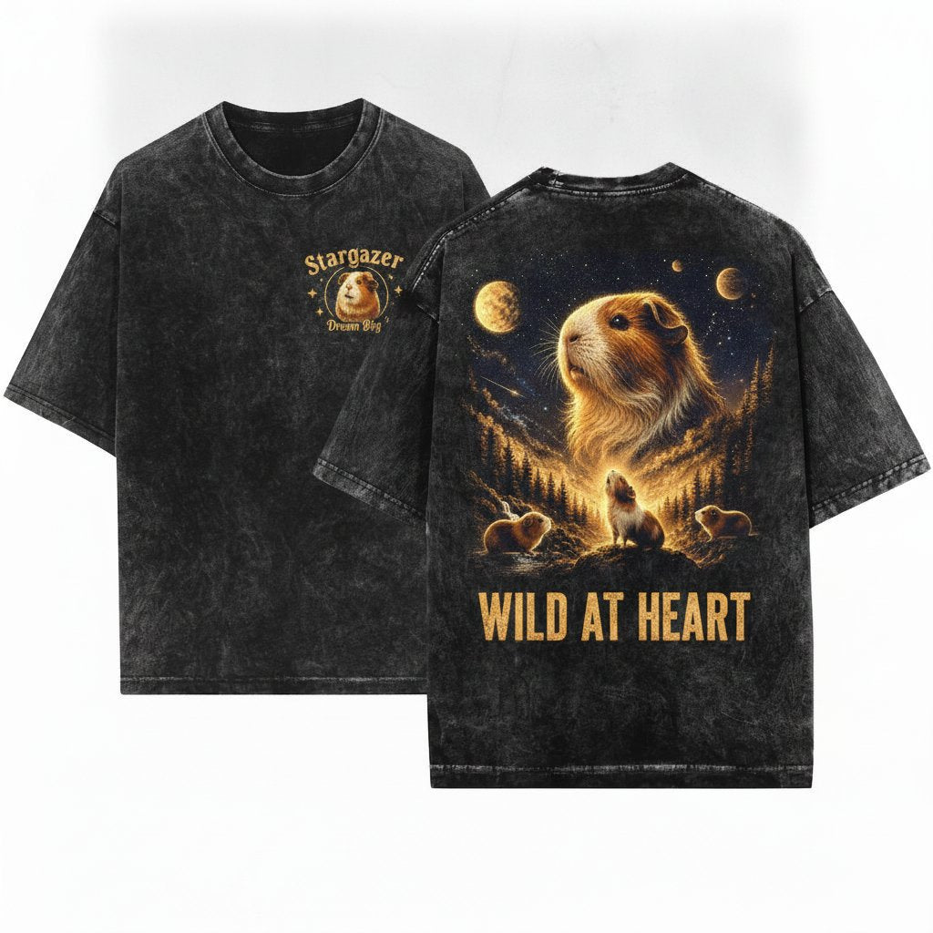 Guinea Pig Howling to the Moon Graphic Retro Cute Animal Gift Unisex Wash T-Shirt