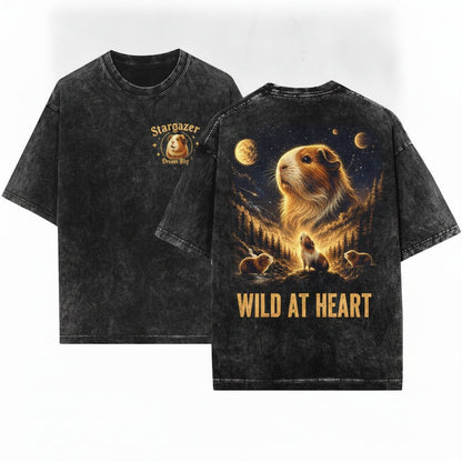 Guinea Pig Howling to the Moon Graphic Retro Cute Animal Gift Unisex Wash T-Shirt