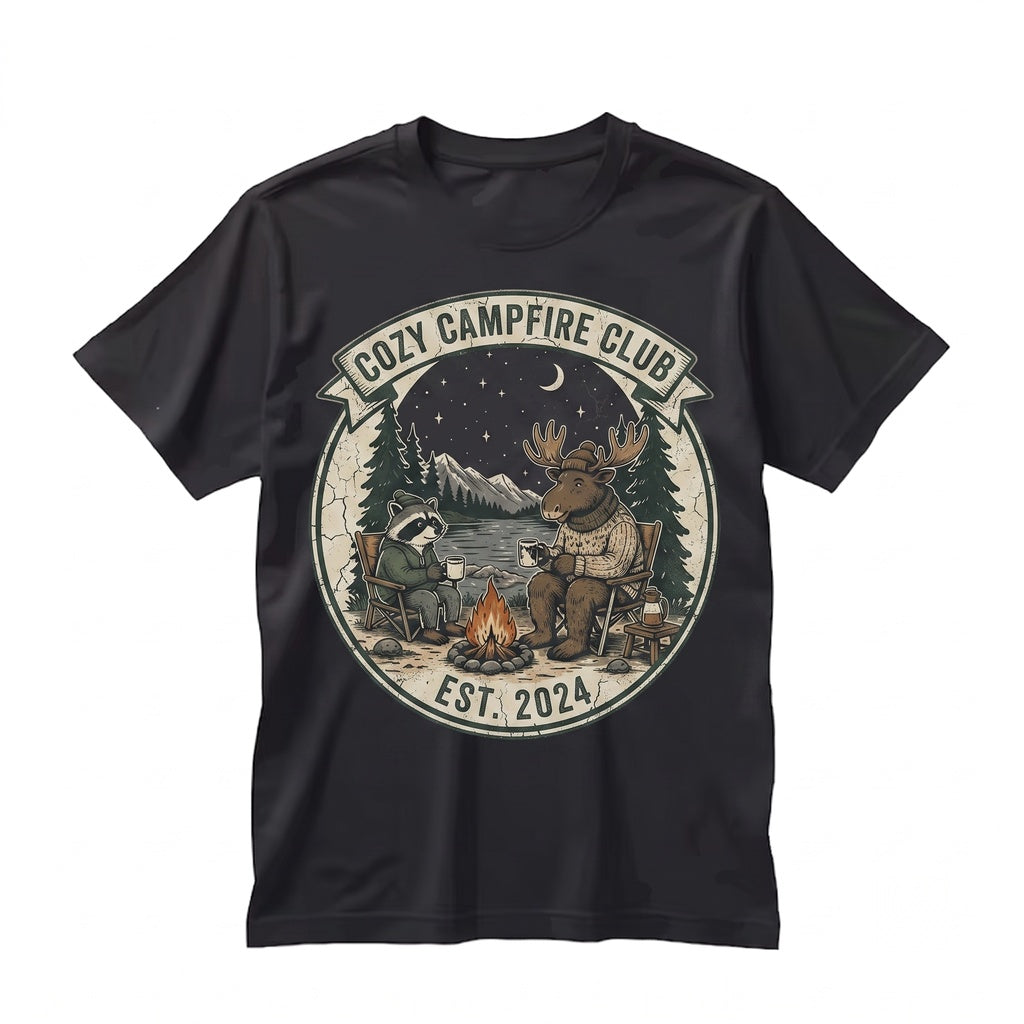 Vintage Camping Wildlife Graphic Moose Raccoon Campfire Cozy Outdoor Adventure Nature Gift Unisex TShirt