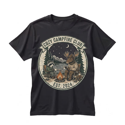 Vintage Camping Wildlife Graphic Moose Raccoon Campfire Cozy Outdoor Adventure Nature Gift Unisex TShirt