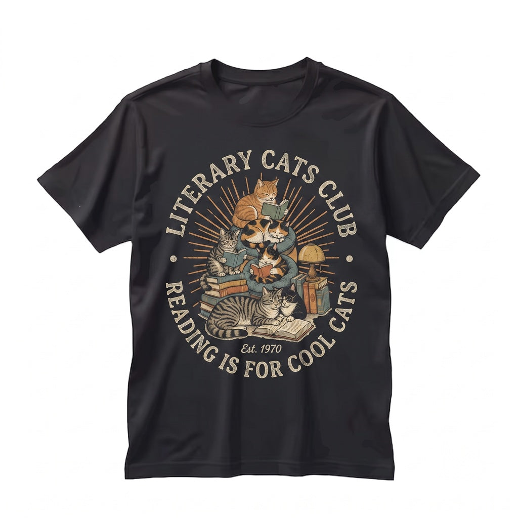 Vintage Black Bookish Reading Cat Graphic Literary Unisex TShirt