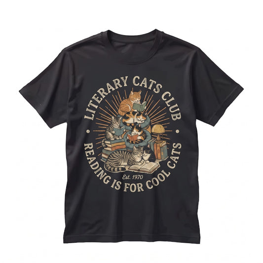 Vintage Black Bookish Reading Cat Graphic Literary Unisex TShirt