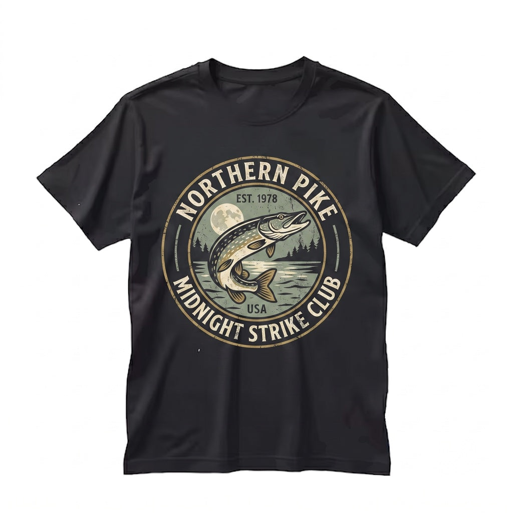 Northern Pike Moonlit Lake 90s Fishing Graphic Outdoor Adventure Fisherman Gift Unisex TShirt