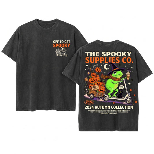 Vintage Halloween Frog Riding Scooter Pumpkin Cart Spooky Season Funny Fall Unisex Wash T-Shirt