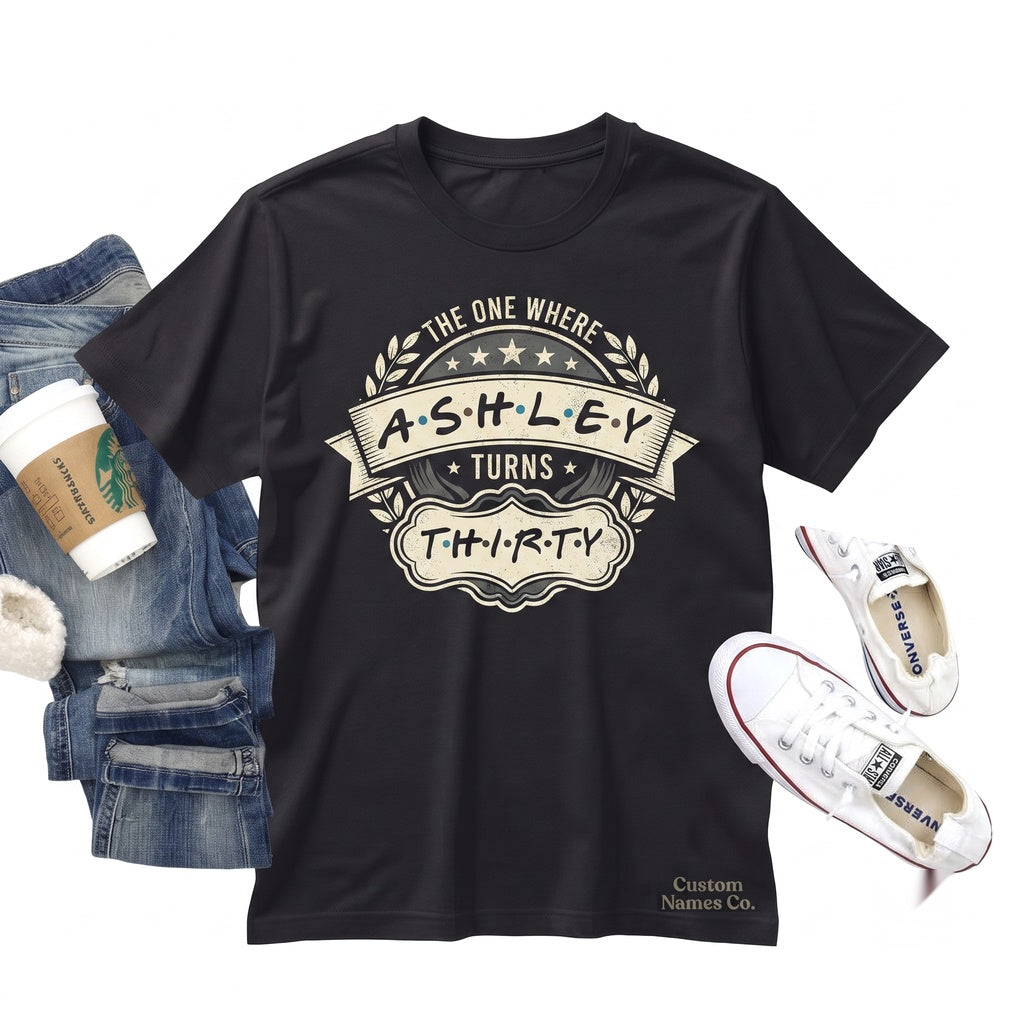 Personalized Friends Birthday Theme Custom Age Number Milestone Party Unisex TShirt