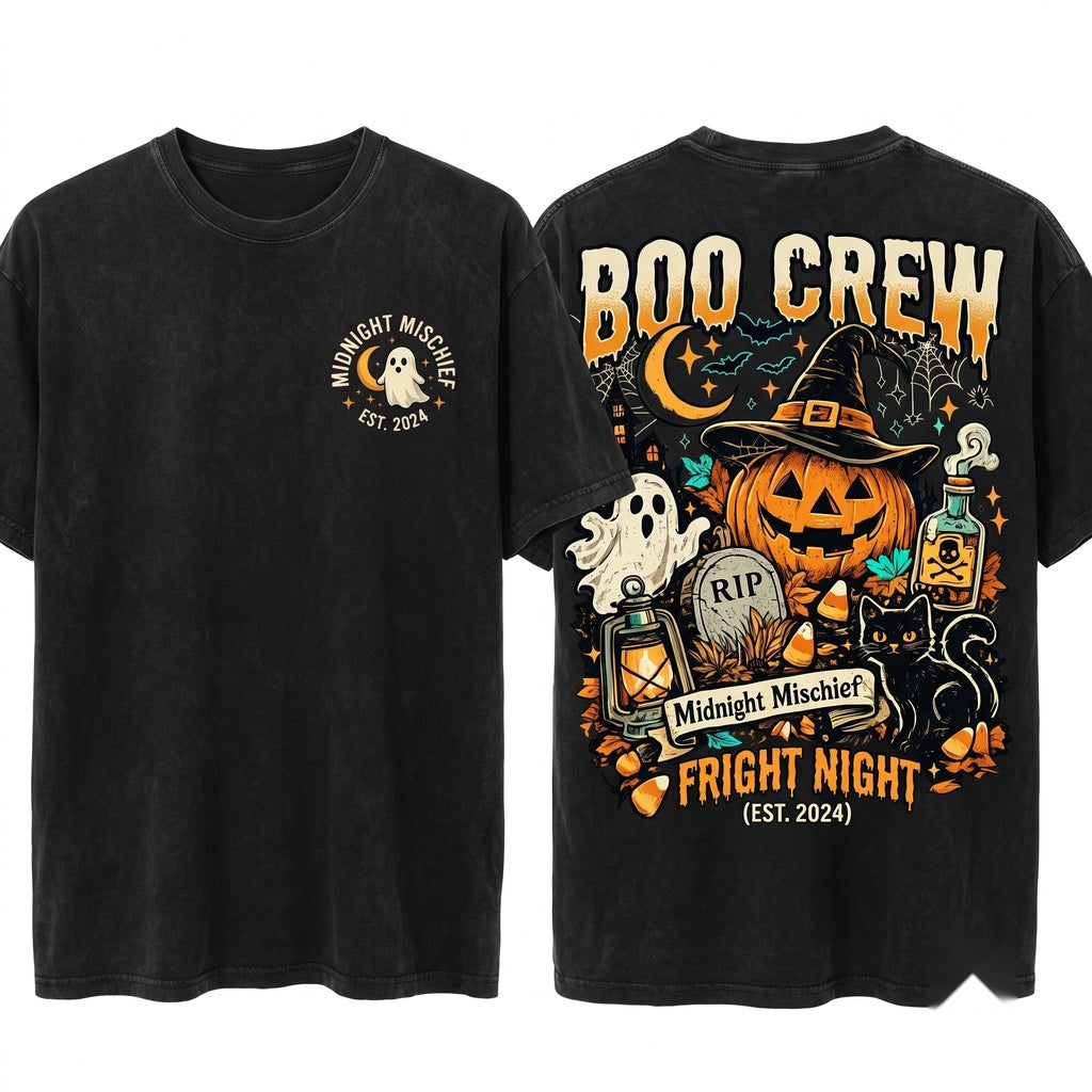 Midnight Mischief Halloween Boo Crew Jack-O-Lantern Ghost Spooky Pumpkin Graphic Unisex Wash T-Shirt