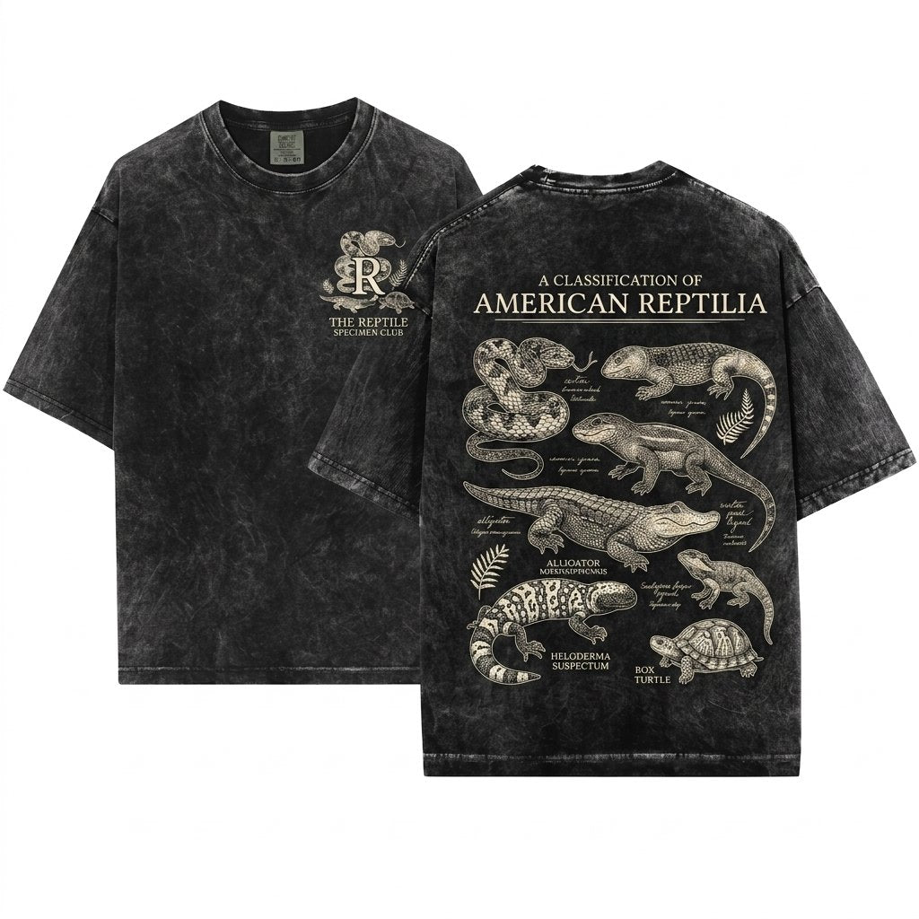 Vintage Reptile Illustration Graphic Gift Snake Lizard Herpetology Nature Tortoise Alligator Unisex Wash T-Shirt