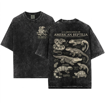 Vintage Reptile Illustration Graphic Gift Snake Lizard Herpetology Nature Tortoise Alligator Unisex Wash T-Shirt