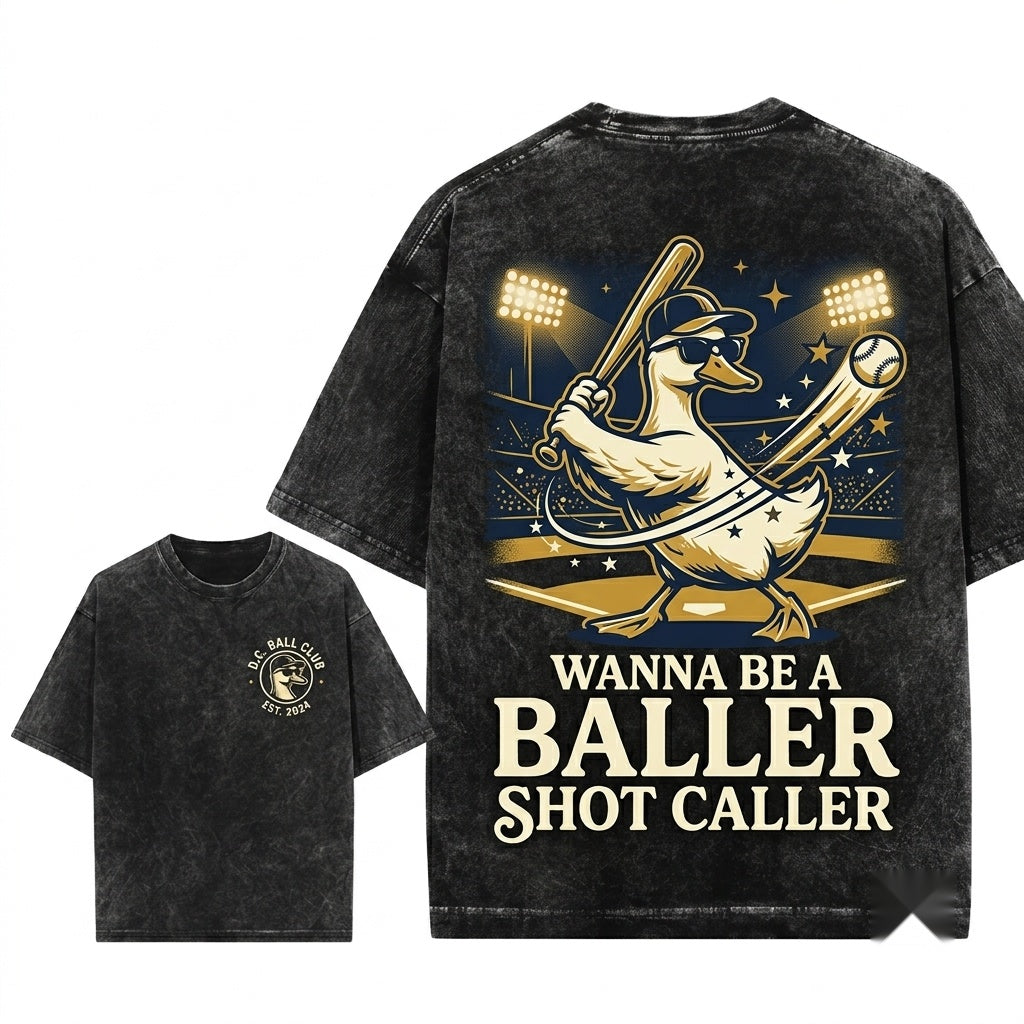 Vintage Wanna Be a Baller Shot Caller Funny Duck Iced Coffee Aesthetic Retro Sports Outfit Unisex Wash T-Shirt