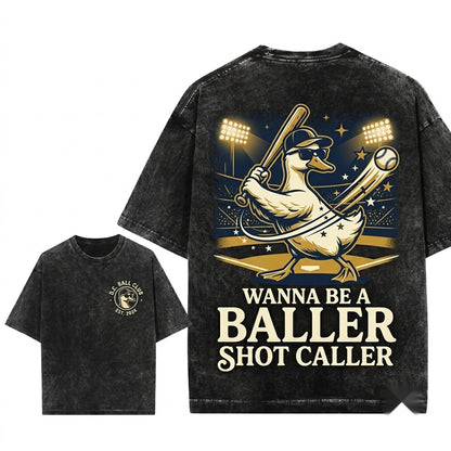 Vintage Wanna Be a Baller Shot Caller Funny Duck Iced Coffee Aesthetic Retro Sports Outfit Unisex Wash T-Shirt